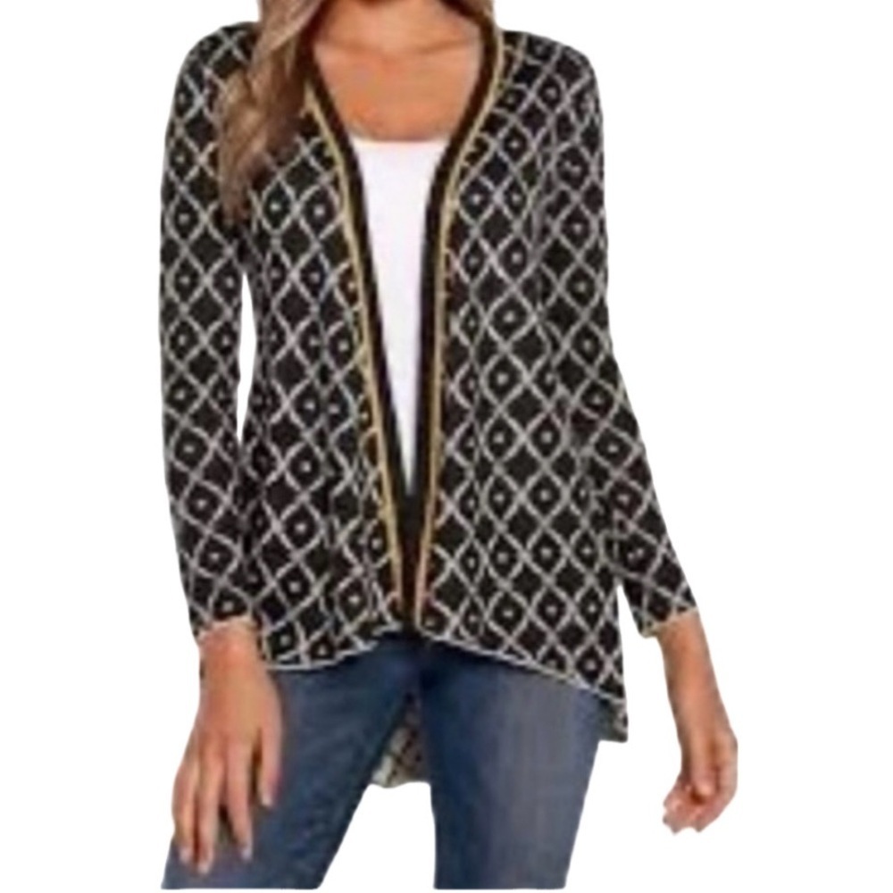 Belldini Dark Gray (Black) & White Patterned Open Front Hooded  Cardigan. Size S
